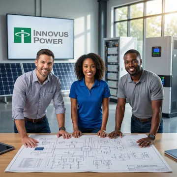 Engineers reviewing microgrid design plans with solar and battery storage components