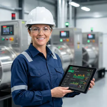 Technician analyzing generator performance data on tablet device