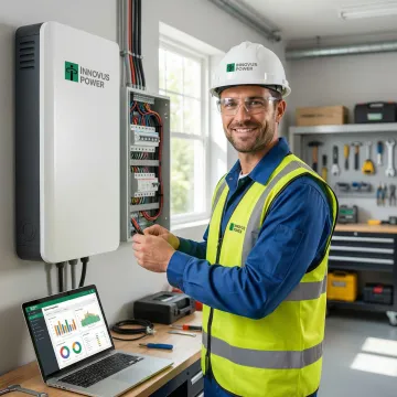 Technician installing solar battery storage system with monitoring equipment
