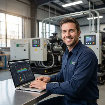 Technician using laptop for remote generator diagnostics and performance monitoring