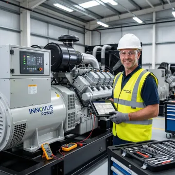 Commercial generator maintenance technician performing diagnostic inspection on industrial backup power system