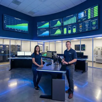 Energy asset management control room with monitoring systems displaying renewable energy performance metrics