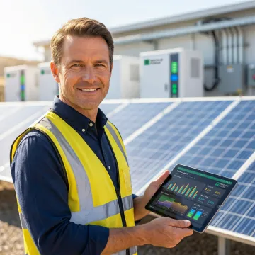 Engineer analyzing energy asset performance data on tablet with renewable energy installation in background