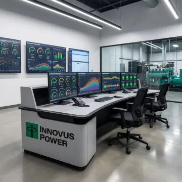 Control room monitoring multiple industrial generator systems with digital dashboard displays