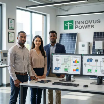 Engineers reviewing microgrid design plans with solar and generator equipment