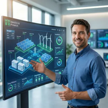 Engineer reviewing advanced microgrid system design with renewable energy integration components