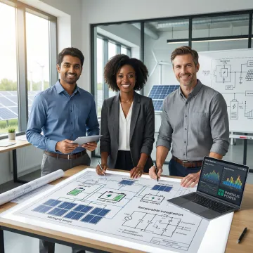 Engineers reviewing microgrid system design and installation plans