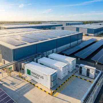 Industrial facility with modern microgrid energy system featuring solar panels and energy storage units