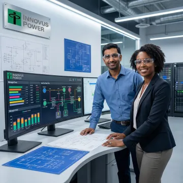 Engineers reviewing industrial microgrid system plans and monitoring screens