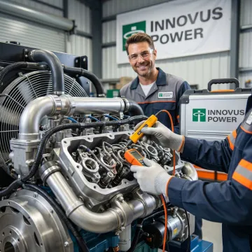 Diesel generator engine components being serviced and repaired by technician