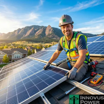 Solar energy technician installing photovoltaic panels on Colorado building