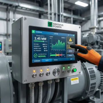 Industrial generator control panel displaying operational data during maintenance service
