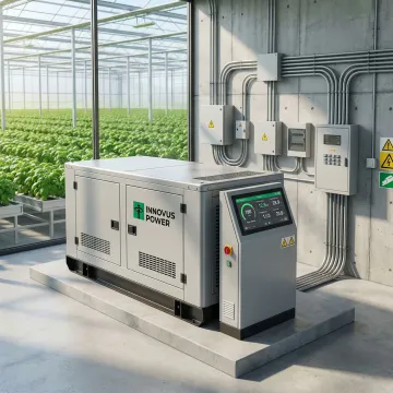 Modern agricultural facility with backup generator system and monitoring equipment