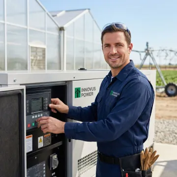 Agricultural generator being serviced by technician in farming environment