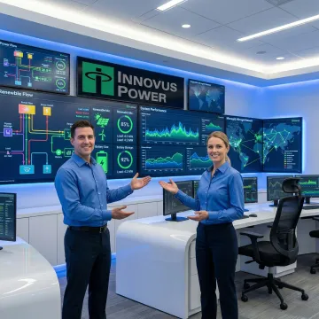 Advanced microgrid control room with monitoring screens displaying energy management systems
