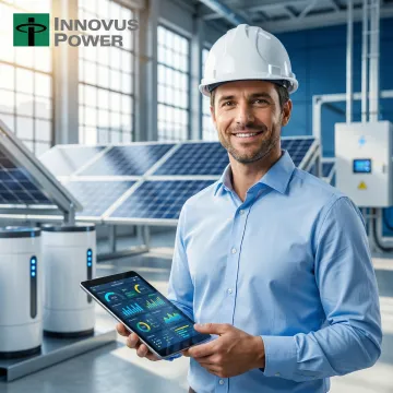 Technician monitoring microgrid energy management software on tablet
