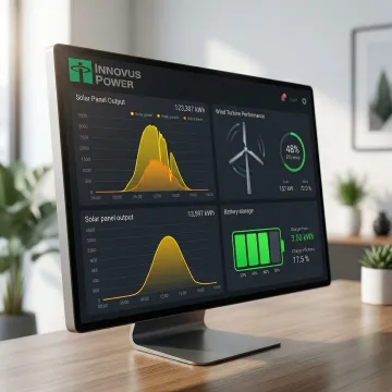 Integrated renewable energy management dashboard showing solar, wind, and battery storage performance metrics