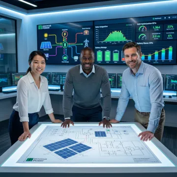 Engineers reviewing energy management system design plans and digital interface screens