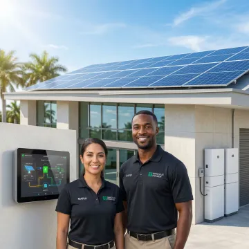 Modern energy management system installation with solar panels and battery storage at Florida commercial facility