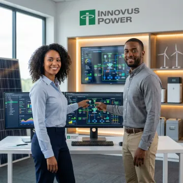 Engineers collaborating on custom microgrid design with technical blueprints and power system schematics