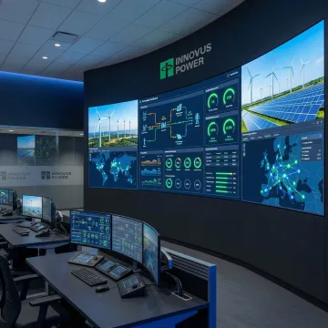 Modern digital microgrid control center with advanced monitoring displays showing renewable energy integration