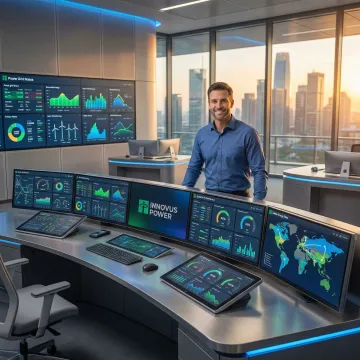 Advanced real-time energy management control room with multiple monitoring screens displaying power flow data