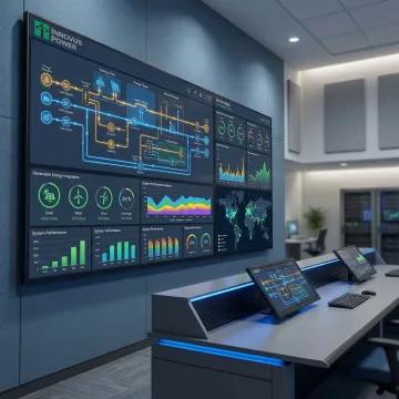 Advanced power management control room with monitoring displays showing renewable energy integration and system optimization