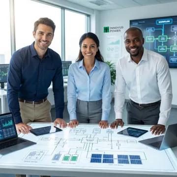 Engineering team reviewing power management system schematics and implementation plans