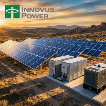 Remote microgrid power system installation with solar panels and energy storage in a remote landscape