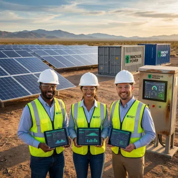 Engineers commissioning a remote microgrid power system with solar, storage, and control equipment