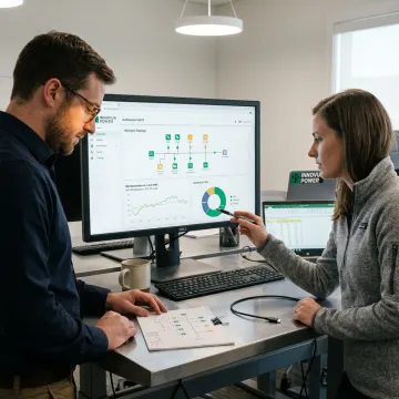 Engineers reviewing renewable microgrid control plans