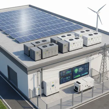 Modern commercial building with integrated solar panels and microgrid power system