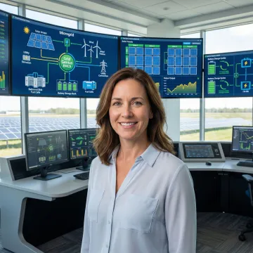 Engineer reviewing microgrid design schematics with renewable energy components