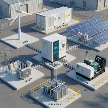 Advanced microgrid energy storage system with solar panels and control equipment
