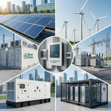Renewable energy microgrid with solar panels, wind turbines, and battery storage system