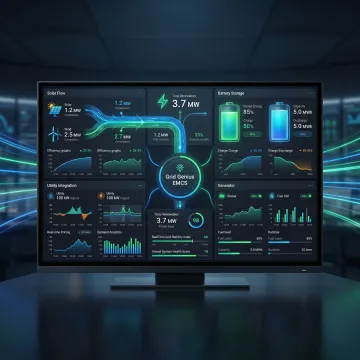 GridGenius renewable energy control system dashboard showing real-time monitoring and optimization