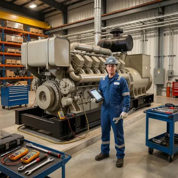 Professional technician performing diagnostic repair on industrial diesel generator