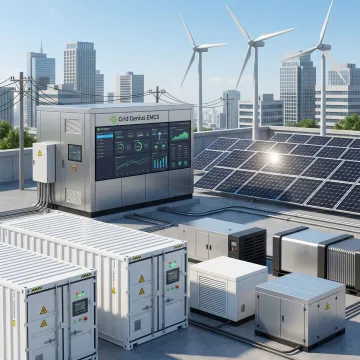Modern sustainable energy microgrid system with solar panels and battery storage