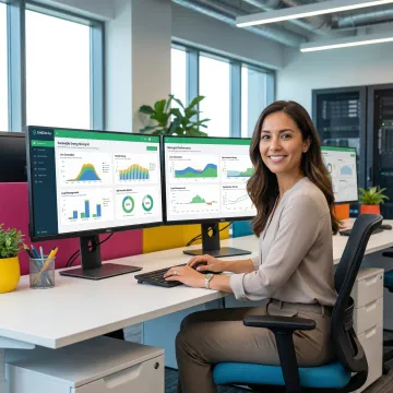 Engineer monitoring sustainable energy control system dashboard