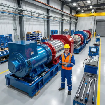 Professional technician performing preventative maintenance on industrial genset