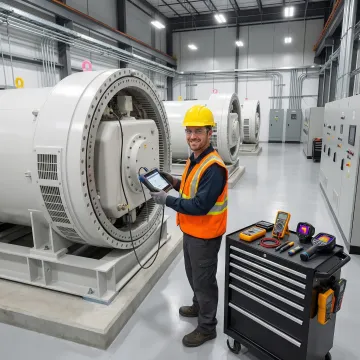 Industrial generator maintenance technician performing diagnostic service on large commercial backup power system