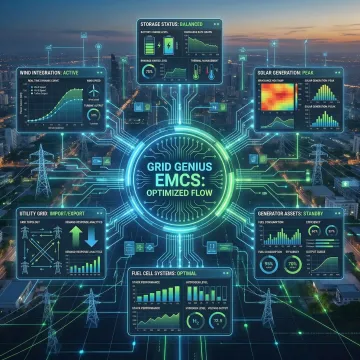 GridGenius energy management control system dashboard displaying renewable energy optimization
