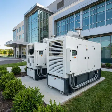 Modern hospital building with emergency backup generator system installation