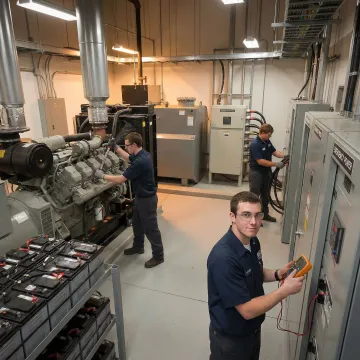 Hospital emergency generator system installation process with technicians
