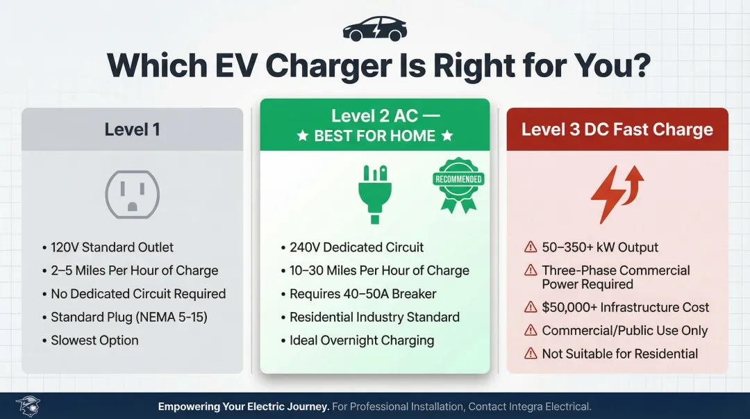 Three EV charging levels comparison infographic Level 1 Level 2 Level 3