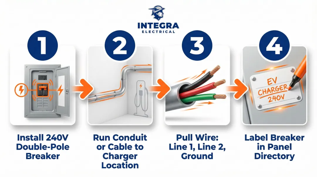 4-step EV charger dedicated circuit installation process flow diagram