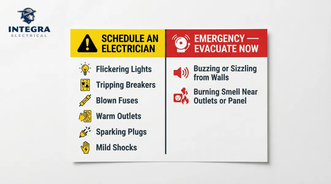 Electrical fire warning signs two-tier urgency classification chart infographic