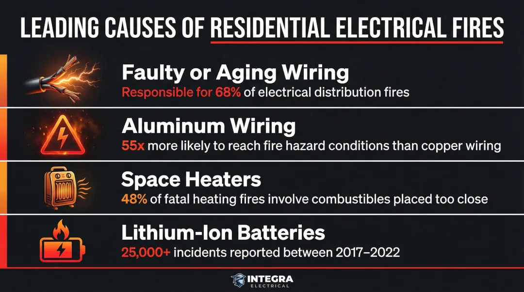 Top causes of home electrical fires with key statistics infographic