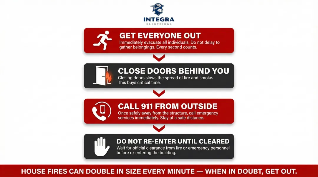 4-step home electrical fire evacuation process flow infographic