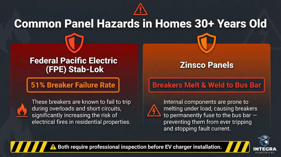 Older home electrical panel hazards blocking Level 2 EV charger installation